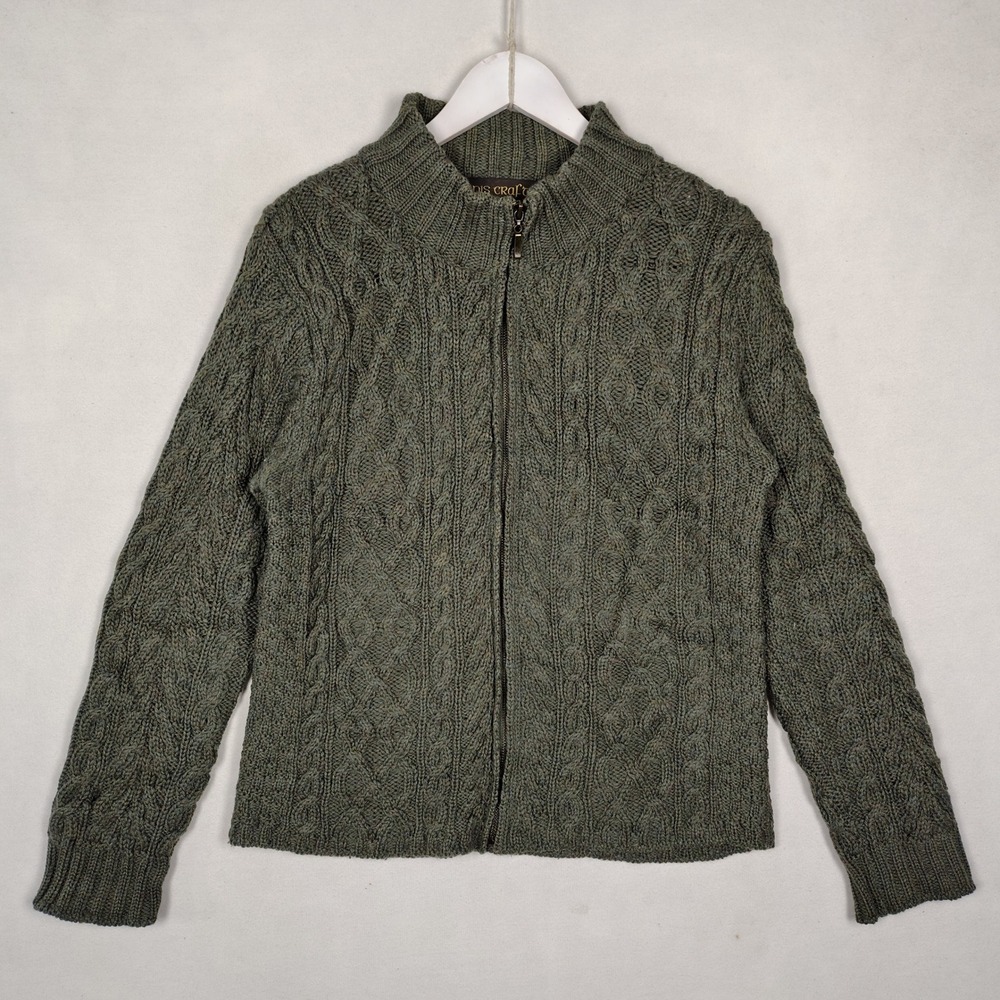 Inis Crafts Merino Wool Aran Cable Knit Full Zip Cardigan Sweater Green Ireland